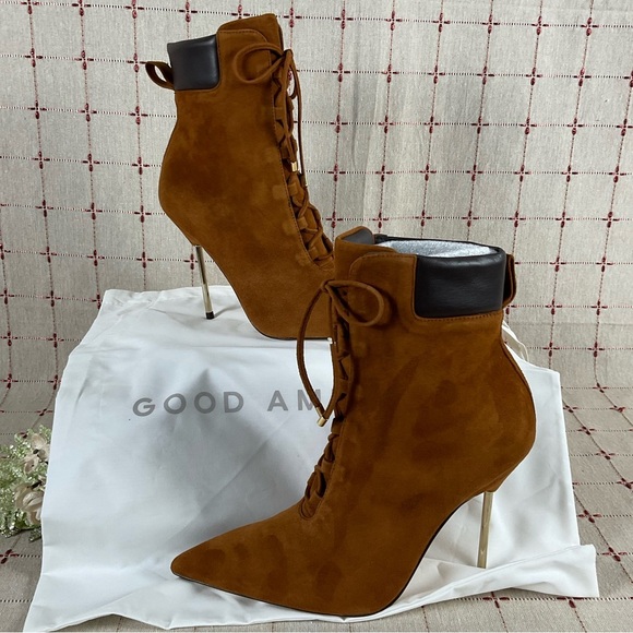 Good American “Scandal” Lace Up High Heel Booties Stiletto Ankle Boots Sz 7.5 - Picture 1 of 8